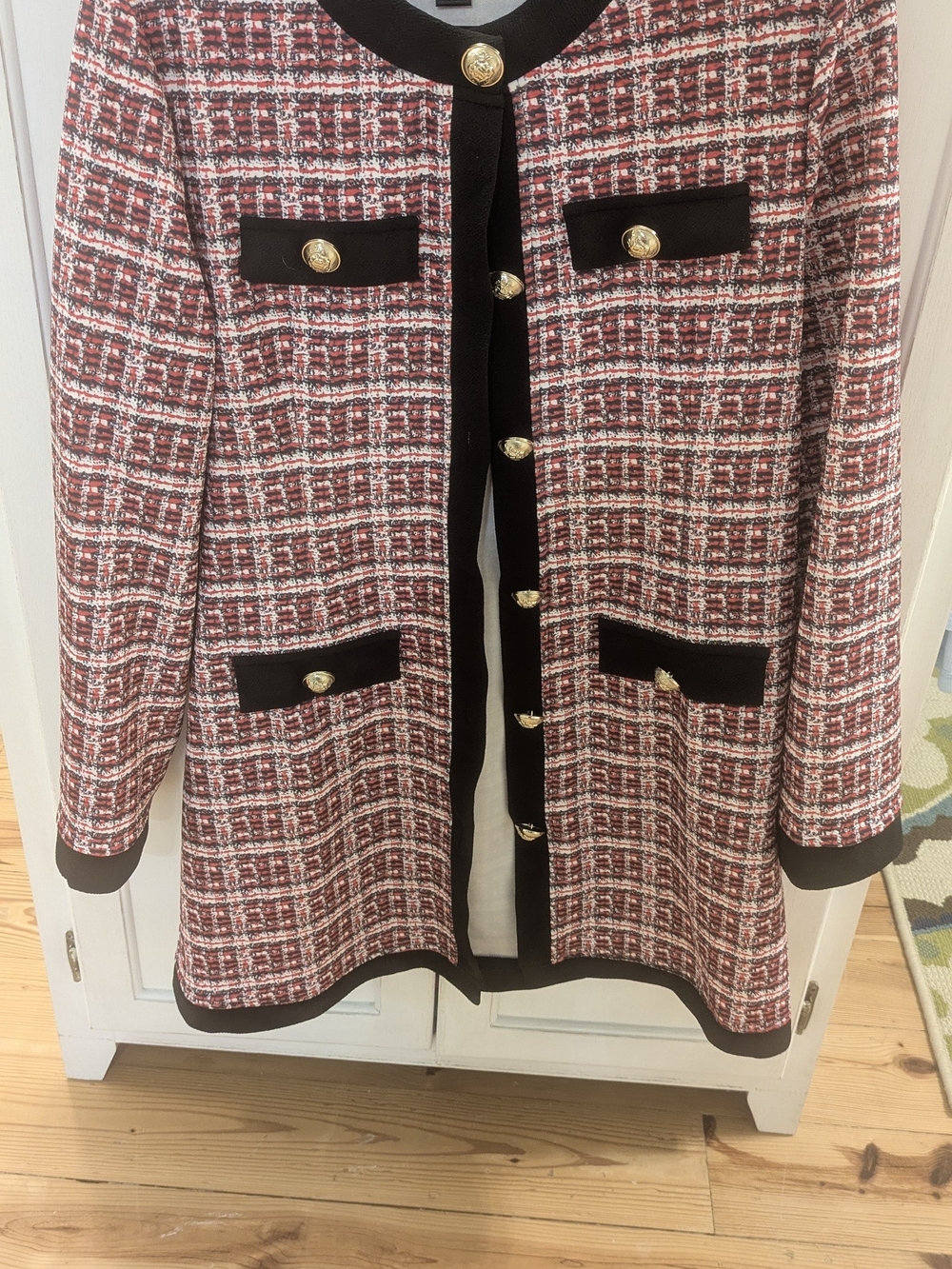 SHEIN Red Tweed Blazer with Black Trim and Gold Buttons